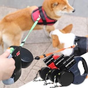 3-in-1 Double Dog Leash Retractable, Tangle-Free with Light & Bag Holder